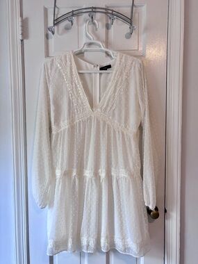 White Swiss Dot Long Sleeve V-Neck Dress. Perfect for graduation.